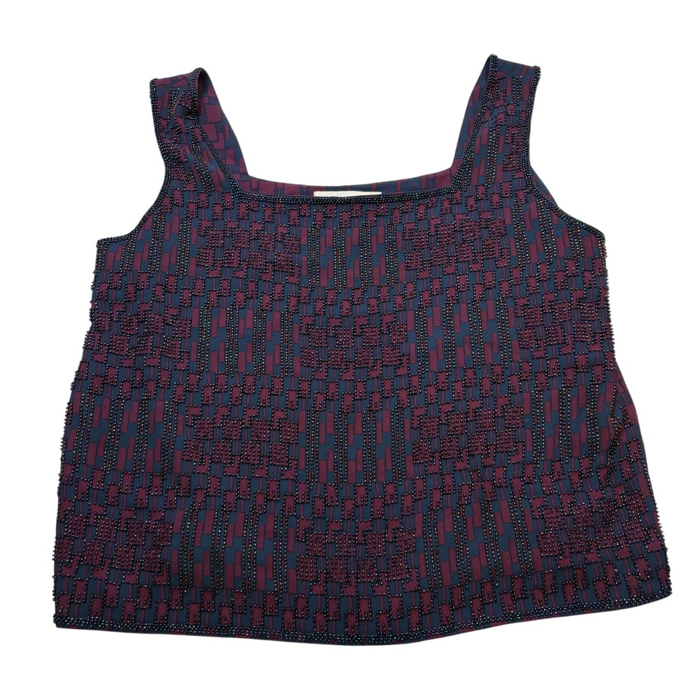 Doncaster‎ Silk Beaded Tank Top Burgundy Navy Blue Geometric Square Neck Blouse